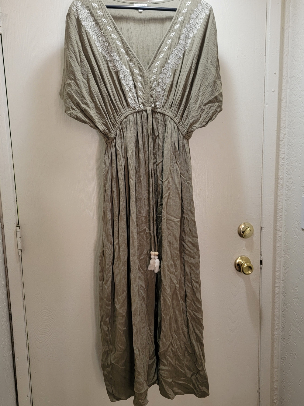 Cost Plus World Market Olive Embroidered V-Neck Kaftan Maxi Dress